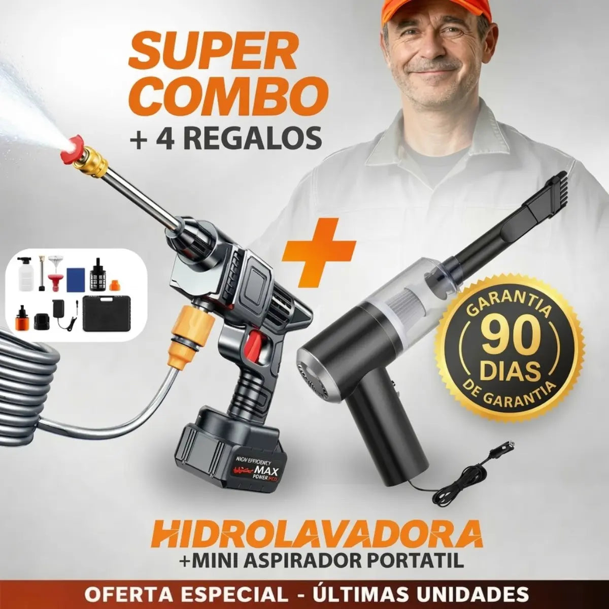 Hidrolavadora Portátil Recargable 2 Baterías 48V + Aspiradora Vacum 3 en 1 TurboJet™